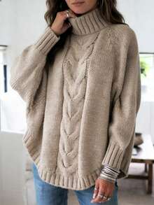Suéter de punto para mujer con mangas de murciélago sueltas Jersey oversize de manga murciélago holgada Otoño/Invierno Novedad Jersey de punto para mujer Mangas murciélago de punto trenzado con cuello alto Dobladillo asimétrico Cálido y holgado Jersey oversize informal - Caqui - Ver 1