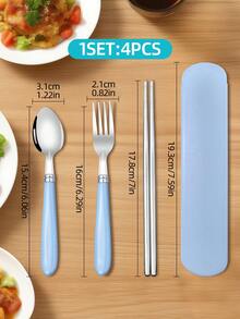 4件套旅行餐具带收纳盒，可重复使用餐具套装（含收纳盒），便携式餐具套装，不锈钢旅行餐具套装 - 包括叉子、勺子和筷子以及收纳盒，轻便易携，经久耐用，易于清洁，适合野餐、露营、工作、学生、户外聚会和日常使用，露营餐具，返校用品