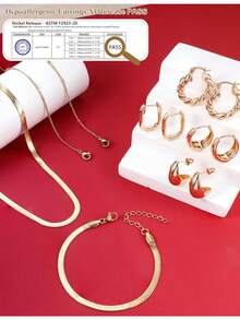 ORAZIO 8/9/11 Pcs Gold Jewelry Set For Women Dainty 14k Gold Plated Chunky Hoop Earrings Bracelets Stack Herringbone Necklace Fashion Costume Accessories Women's Jewelry Set - 金色 - 查看 7