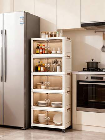 1pc 38cm-58cm Width Foldable Storage Cabinet, 1-5 Tiers Selectable, Thickened Double Door With Wheels, Home Use No-Assembly Storage Rack, Organizer For Clothes & Toys, Plastic Folding Storage Cabinet