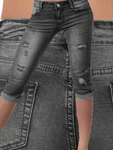 女士优雅休闲破洞卷边七分牛仔裤，适合秋夏季通勤和外出穿着 - 中灰色 - 查看 1