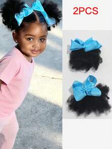 儿童柔软马尾辫，带弹性蝴蝶结夹，非洲卷曲马利马尾辫，2条装 - 自然黑 - 查看 10