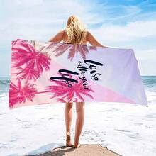 1pc Coconut Tree Beach Towel, Quick Dry, Soft, Absorbent Polyester, Modern Design - Multicolor - View 1