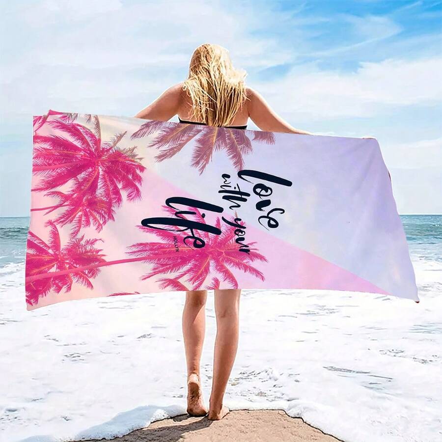 1pc Coconut Tree Beach Towel, Quick Dry, Soft, Absorbent Polyester, Modern Design - Multicolor - View 1