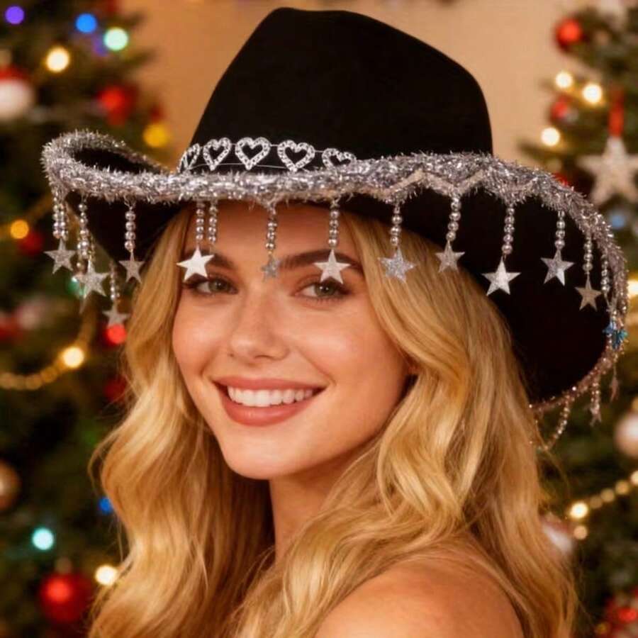 Women Cowgirl Hat, Shiny Heart Stars Wide Brim Tasseled Cowgirl Hat Western Hat For Club Party - 黑色 - 查看 1
