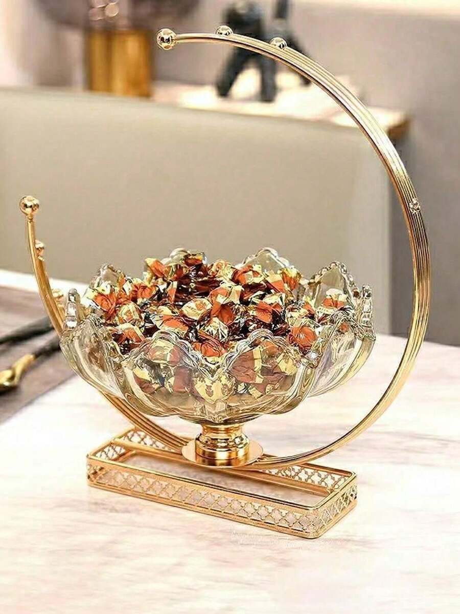 1pc Premium Metal & Glass Crescent Moon Shaped Candy/Fruit Bowl. Non-Slip And Scratch-Resistant Design, Suitable For Placing In The Living Room, Holiday Dining Table Or Restaurant Table. - Gold - View 1