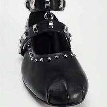 法式复古铆钉芭蕾舞鞋，女士系带平底皮鞋 - 黑色 - 查看 3