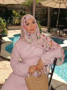 1pc Women's Bohemian Style Watercolor Tie-Dye Floral Print Hijab, Casual Street Wear Hijab Model, Suitable Daily Wear, Spring/Summer Dress - 粉色 - 查看 5