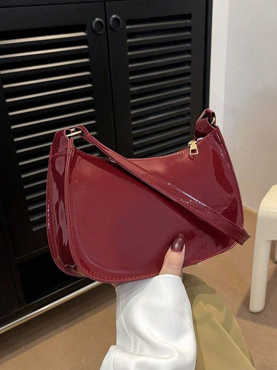 Fashionable Burgundy Solid Mirror Surface Women's Shoulder Bag, Luxurious Elegant Handbag - Burgundy - View 1