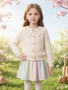 少女针织开衫，饰有刺绣花卉边饰 - 白色 - 查看 4