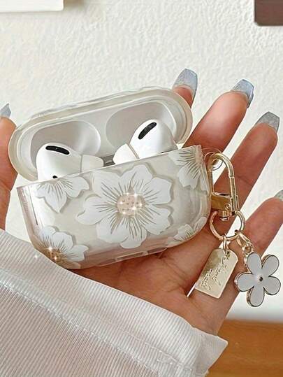 1 pieza Estuche inalámbrico para auriculares con flor blanca compatible con Pro 3/4, Pro 2/Pro/1/2/3, colgante de llavero con flor blanca, estuche protector transparente a prueba de golpes y delgado para auriculares inalámbricos, regalo ideal para la novia