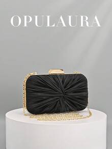 OpulAura 1件装复古优雅缎面手拿包，褶皱扭结设计，时尚晚礼服包，魅力精致的正式派对手提包，奢华盒式小包，适合派对/婚礼/正式场合晚宴，配有链条肩带，可肩背或斜挎 - 黑色 - 查看 2