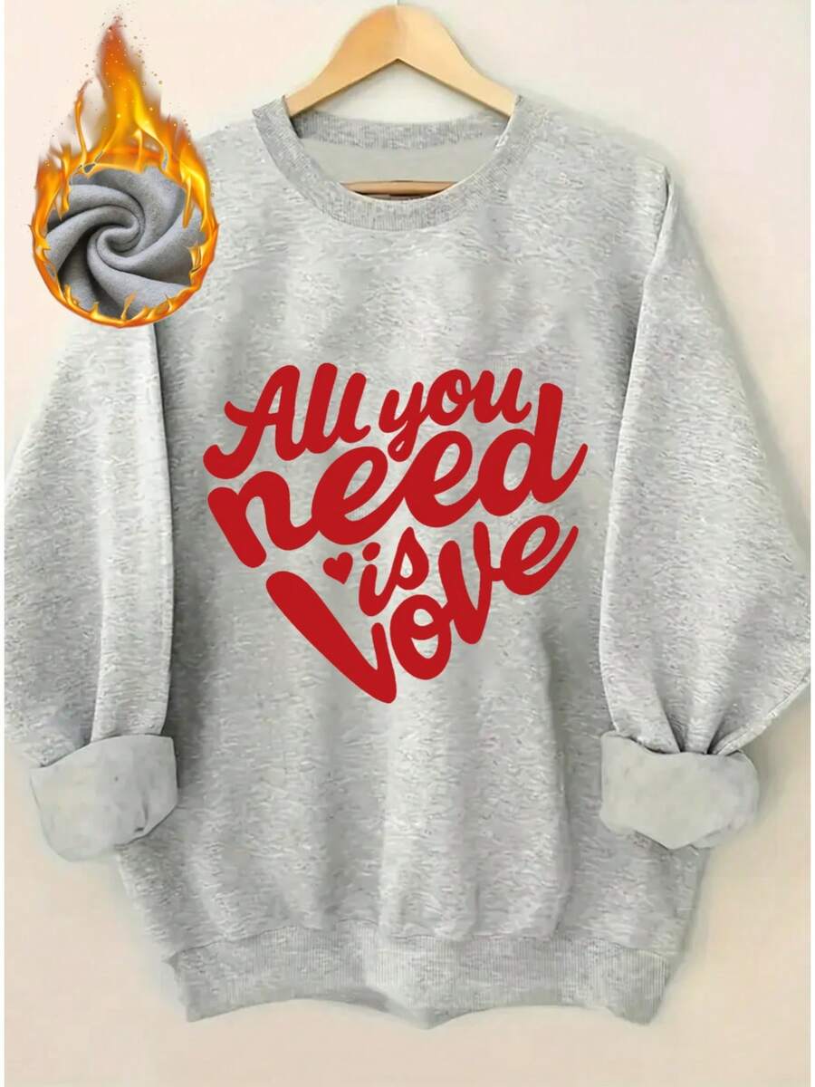 2026 New Year Cotton Sweatshirt For Women Pink 'All You Need Is Love' Red Cursive Letter Hoodie - Thick Pullover Sweater With Heart Decoration, Pink And Red Valentine's Day Sweater, Casual Winter Wear, Machine Washable Crew Neck Sweater (Do Not Tumble Dry) - Mature Style Loose And Comfortable Winter Clothes For Women - 灰色 - 查看 1