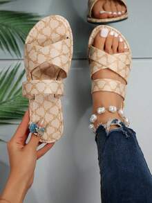 2026 Versátiles zapatillas de moda de fácil puesta, sandalias de playa con tiras cruzadas - Beis - Ver 3