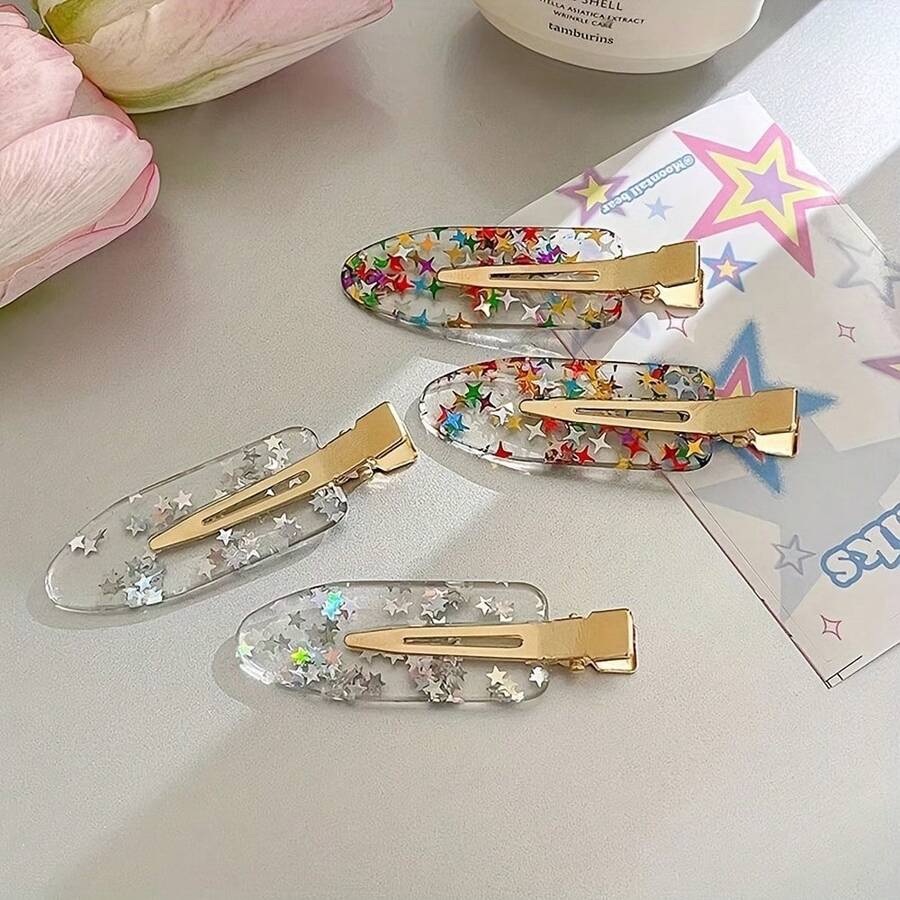 4 Acrylic Hair Clips Set - Y2K Cute Oval Duckbill Hair Clips With Sequin Decoration, Transparent Invisible Hair Clips, Suitable For Women And Teenagers Aged 14 And Above - Hỗn hợp 4 miếng - Xem 1