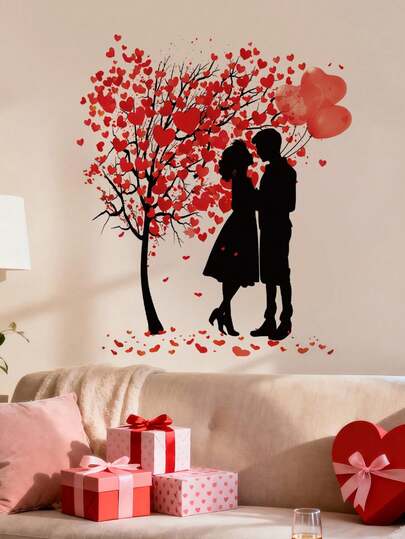 1 件情人节树形墙贴，带红色爱心图案，可撕贴式墙贴，适合婚礼周年纪念派对、家居装饰、客厅等场合。