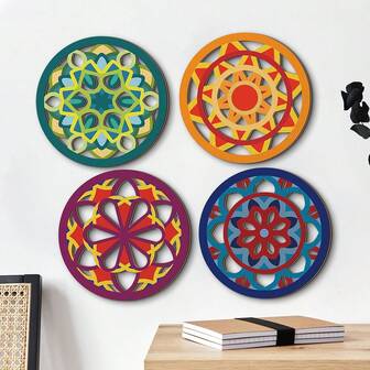 1 set med 2D bohemiska trärundväggdekorationer, med fyra ihåliga mönster av blommor, solblad och blommor, med färgglada färger. Konstdekoration för vardagsrums- och sovrumsväggar, rumsdekoration och heminredning (DIY-klistra)