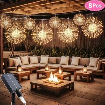 8pcs Solar Hanging Firework Lights 480 LED Solar Powered Outdoor Sparkling Starburst Sphere Lights 8 Modes Fairy Light For Patio