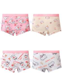 4pcs/Pack Girls' Cute Bow & Kitten Print Contrast Color Comfortable Briefs, Toddler & Little Kid Underwear - Pink - View 2