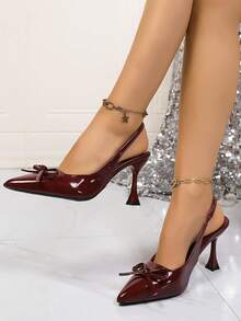 Women's High Heel Pumps, Spring New Pointed Toe High Heels, Sexy Stiletto Mirror Patent Leather Bow Slip-On Sandals, 2-In-1 Shoes, High Heels, Fashion Burgundy Bow Tie Sandals - Burgundy - View 2