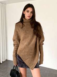 Top de punto de felpa de otoño e invierno con dobladillo irregular, para viajes de ocio diarios, suéter versátil de manga larga cálido de principios de otoño - Camel - Ver 3