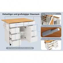 Modern Kitchen Island, Kitchen Cabinet, Extendable Kitchen Trolley With Wheels And Worktop, Serving Trolley With Spice Rack And 8 Drawers, White - White - View 2