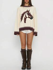 Women Y2K Graphic Oversized Sweater Horse Print Crew Neck Long Sleeve Knit Pullover Top  Loose Fit Streetwear - Màu Khaki - Xem 4