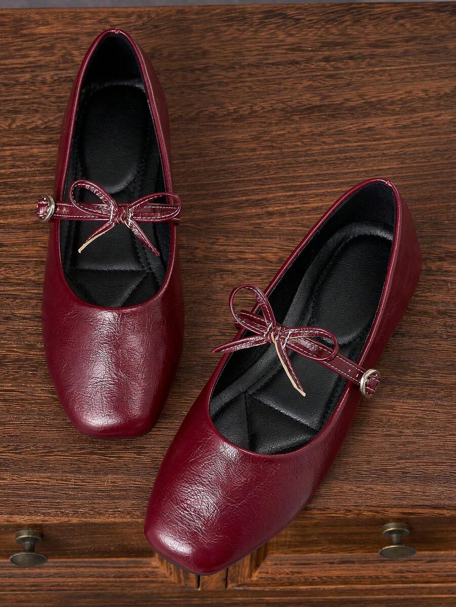 Women's Fashion Square Toe Splicing Wine Red Shoes, Casual Office Versatile Shoes, Outdoor Leisure High-End Elegant Flat Shoes, Women's Mary Jane Ballet Shoes, Summer - Burgundy - View 1