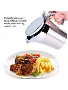 Elegant Double-Layer Insulated Stainless Steel Meat Juice Boat With Flip Cover Design - Perfect For Pouring Juice And Cream, Dishwasher Washable- Stainless Steel Sauce Pot With Hinged Lid, 304 Stainless Steel Steak Sauce Pot