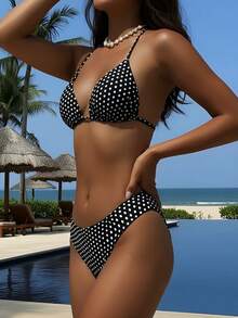 Ensemble de bikini 2 pièces pour femmes avec bretelles fines, col ras-du-cou, nœud dans le dos, imprimé pois, taille basse, mignon. Idéal pour les vacances et la plage. - Pois noirs et blancs - Voir 2