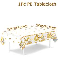 1pc White & Gold Eid Mubarak Tablecloth, 220*130cm Disposable PE Tablecloth, Gold Star & Moon Pattern, Eid Party Supplies, Ramadan Decoration, Eid Mubarak Ramadan Party Decor, Ramadan & Eid Home Decor, Eid Dining Table Decor, Kitchen Decor, Ramadan Gift