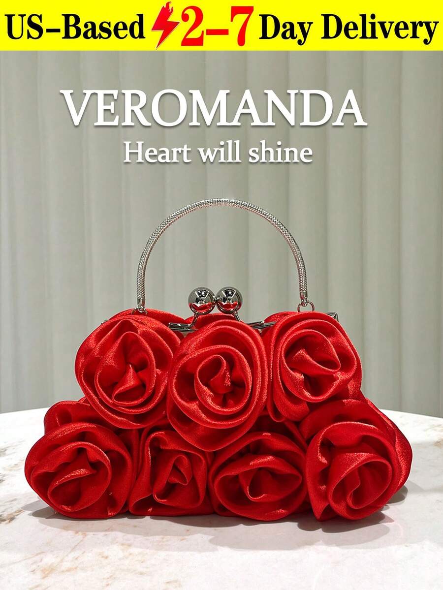 Satin Rose Flower Handbag, Party Bags, Elegant Lady Niche Bridal Clutch, Bridesmaid Shoulder Bag, Perfect For Parties, Rose Evening Bag Clutch Purse For Women, Satin Evening Purse W/3D Floral Rose For Formal Wedding Party Bride, Red Women Rose Shaped Clutch Soft Satin Wristlet Handbag Wedding Party Purse Women's Evening Clutch Bag Floral Satin Small Purses With Detachable Strap Weddings, Proms, Parties, Dinners/Banquets,Christmas Wedding, Party, Prom Gift Elegant Prom Bag, Exquisite Floral Bag For Women Money Clip----Christmas Thanksgiving Festival Cyber Monday Holiday Gift Velvet Party New Year Winter Snow End-Of-Year Christmas Gifts Purses And Bags Women Stocking Stuffers For Women Makeup Bag Birthday Gifts For Girlfriend, Mother, Wife, And Friends Valentine's Day Gifts New Year Gifts - 紅色 - 查看 1