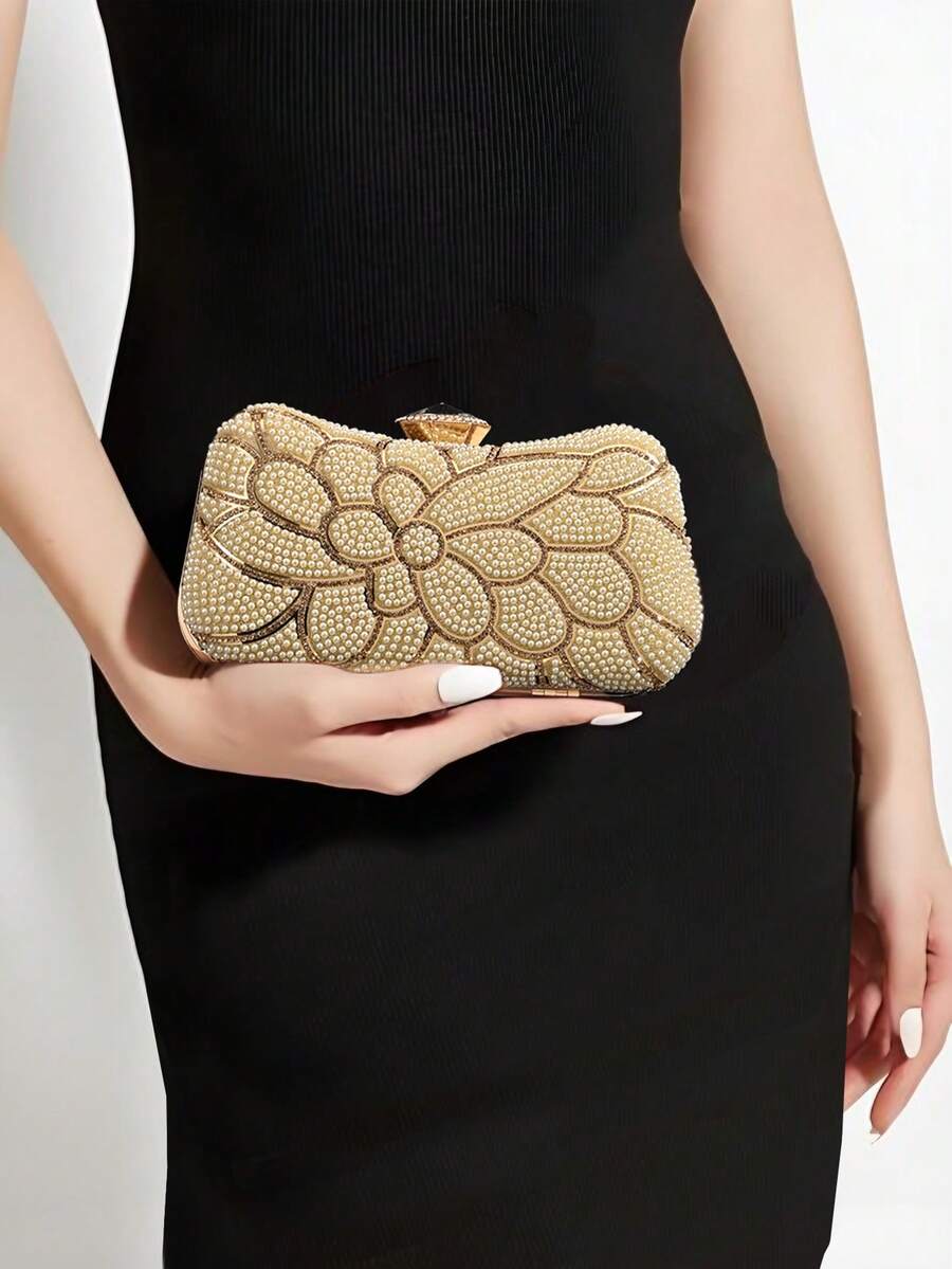 Tas Clutch Mutiara Bentuk Tetesan Air Mewah dan Elegan YMI STYLE, Tas Tangan Pesta Pernikahan Romantis dengan Dekorasi Cincin Berlian Imitasi, Cocok untuk Acara Formal Pengantin, Tas Bahu, Clutch Pernikahan - Emas - View 1