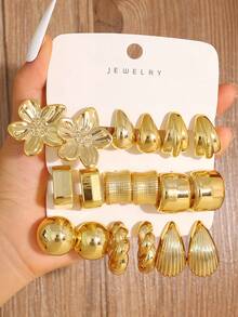 1–9 Pairs Gold Hoop & Drop Earrings Set, ABS Resin, Lightweight & Comfortable, For Daily Wear