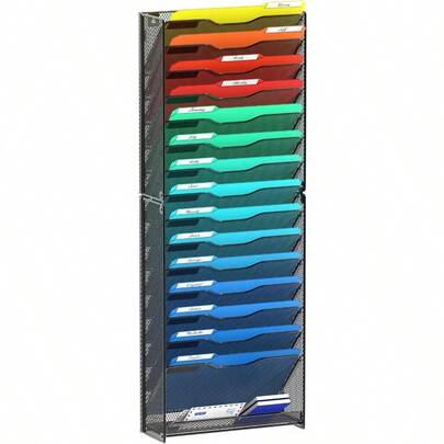 Samstar 16 Tier Wall File Organizer Hanging Wall File Holder Wall Mount Paper Folder Organizer Magazine Rack Mesh Made Black