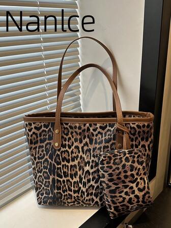 Two Sets Of Women's Large-Capacity Leopard Print Handbags, Fashion Retro PU Shoulder Bag, Female College Students, Novice And White-Collar Family Are Suitable For Office, University, Work, Business, Commuting, Outdoor, Travel, Excursions