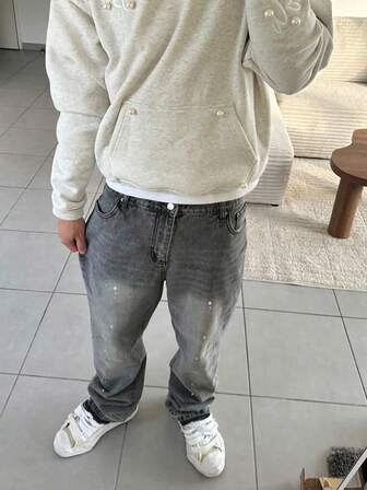 BAZR Herr Denim Flare Jeans, Skinny Fit Distressed Flare Byxor, Y2K Stacked Jeans, Kontrasttvättade Broderade Jeans, Lämpliga För Alla Årstider