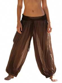 Womens Lantern Pants Casual Loose Fit Stylish Solid Color Drawstring Mid Rise Trousers - Light Brown - View 4