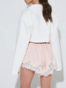 Women Spring And Summer Satin Silk Lace Shorts Low Rise Micro Mini Shorts Irregular Hem Coquette Lounge Half Slip Pj Bottoms French Knickers - Hồng - Xem 2