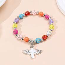 1pc Creative Fashion Acrylic Bead Wing Cross Bracelet, Oil Drop Angel Cross Beaded Elastic Bracelet - Cross - View 8