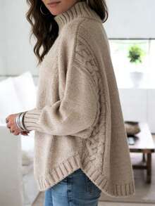 Suéter de punto para mujer con mangas de murciélago sueltas Jersey oversize de manga murciélago holgada Otoño/Invierno Novedad Jersey de punto para mujer Mangas murciélago de punto trenzado con cuello alto Dobladillo asimétrico Cálido y holgado Jersey oversize informal - Caqui - Ver 3