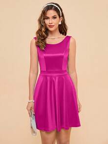 Chic Women's Pink Backless Satin Cocktail Dress Mini Length With Flared Hem And Bow Detail Glamorous Sleeveless Style - Hot Pink - View 4