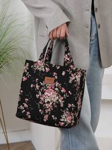 New Arrival, Thickened Floral Print Fabric Tote Bag, Large Capacity Portable Lunch Box Storage Bag, Suitable For Work Commute, Carrying Lunch, Outdoor Shopping, Lunch Box Storage, Daily Use, Cloth Bag, Lunch Bag, Hand-Held Bag. Back To School Season, Retro Cooler Bag Waterproof For Women For Men For Picnic For School - Black - View 9