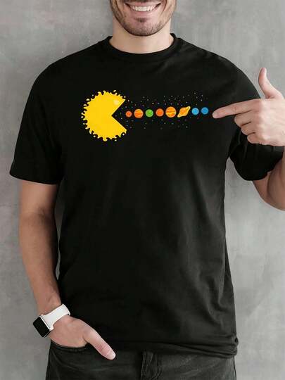 Pacman Solar System Graphic T-Shirt 100% Cotton Loose Fit Relaxed Fit Casual Eye-Catching Print New Arrival