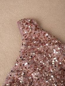 Women's Glamorous Asymmetric Shoulder Bow Sequin Embellished Party Dress - Rose Gold - View 6