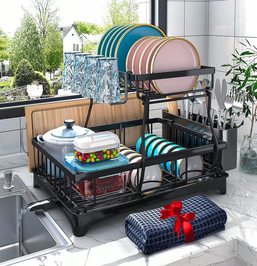 Double-Layer Automatic Drainage Dish Rack With Non-Slip Mat Kitchen Countertop Storage Rack For Plates And Bowls Drain Rack With Knife, Fork, And Cup Holder Gift For Women Mother's Day Gift Cool Kitchen Gadget In Black - 黑色 - 查看 1