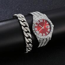 Men's 3-Piece Punk Style Watch & Jewelry Set - Accent Fashion Watch With Cross Pendant Necklace & Cuban Chain Bracelet  Hip Hop Accessories  Ideal For Holidays & Casual Wear - Red - View 6
