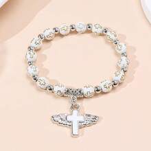 1pc Creative Fashion Acrylic Bead Wing Cross Bracelet, Oil Drop Angel Cross Beaded Elastic Bracelet - Cross - View 9