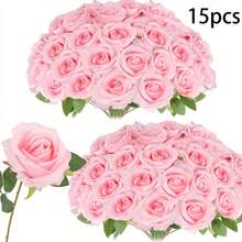 15Pcs Artificial Rose Flowers, Fake Roses With Stems Realistic Silk Roses For DIY Wedding Bouquets Tables Centerpieces Arrangements Party Birthday Home Decor, Best For Valentine's Day (Pink) - Pink - View 6