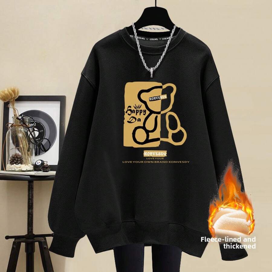 Women's Round Neck Cotton Fleece Lined Sweatshirt Plus Thick Warm Spring Autumn Winter High Street Casual Loose Age Reducing Pullover Top Outerwear - 黑色(DD15熊寶寶印前)純棉加絨 - 查看 1